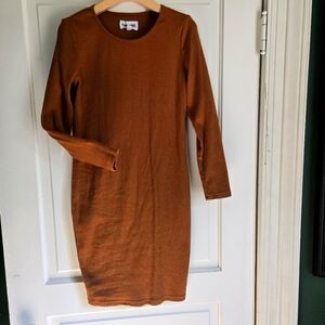 The Label Long Sleeve Dress - Ribbed Cotton Dress in Caramel